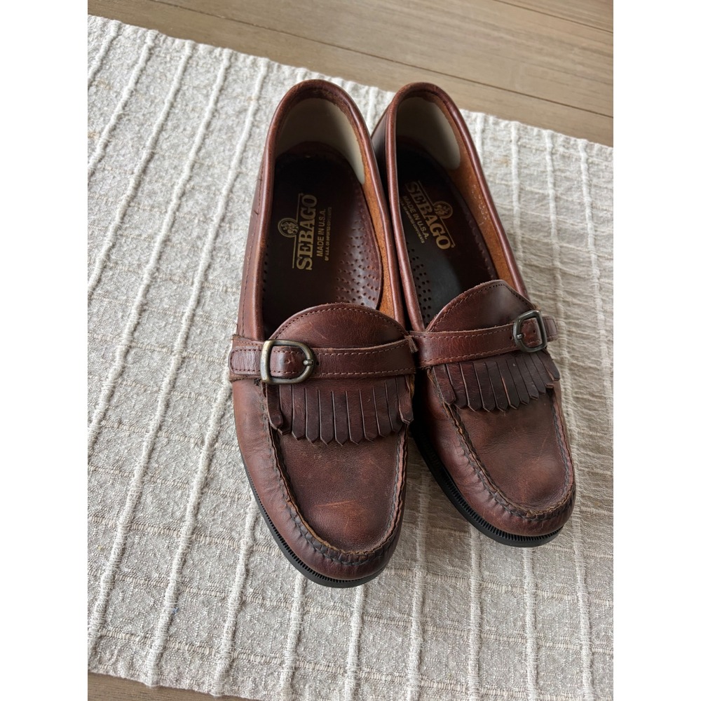 Vintage Sebago brown leather loafers fringed kiltie detail buckled strap sz 11 - Picture 1 of 7